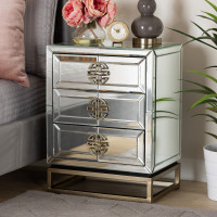 Baxton Studio RXF-2222-NS Laken Contemporary Glam and Luxe Mirrored and Antique Bronze Finished 3-Drawer Nightstand
